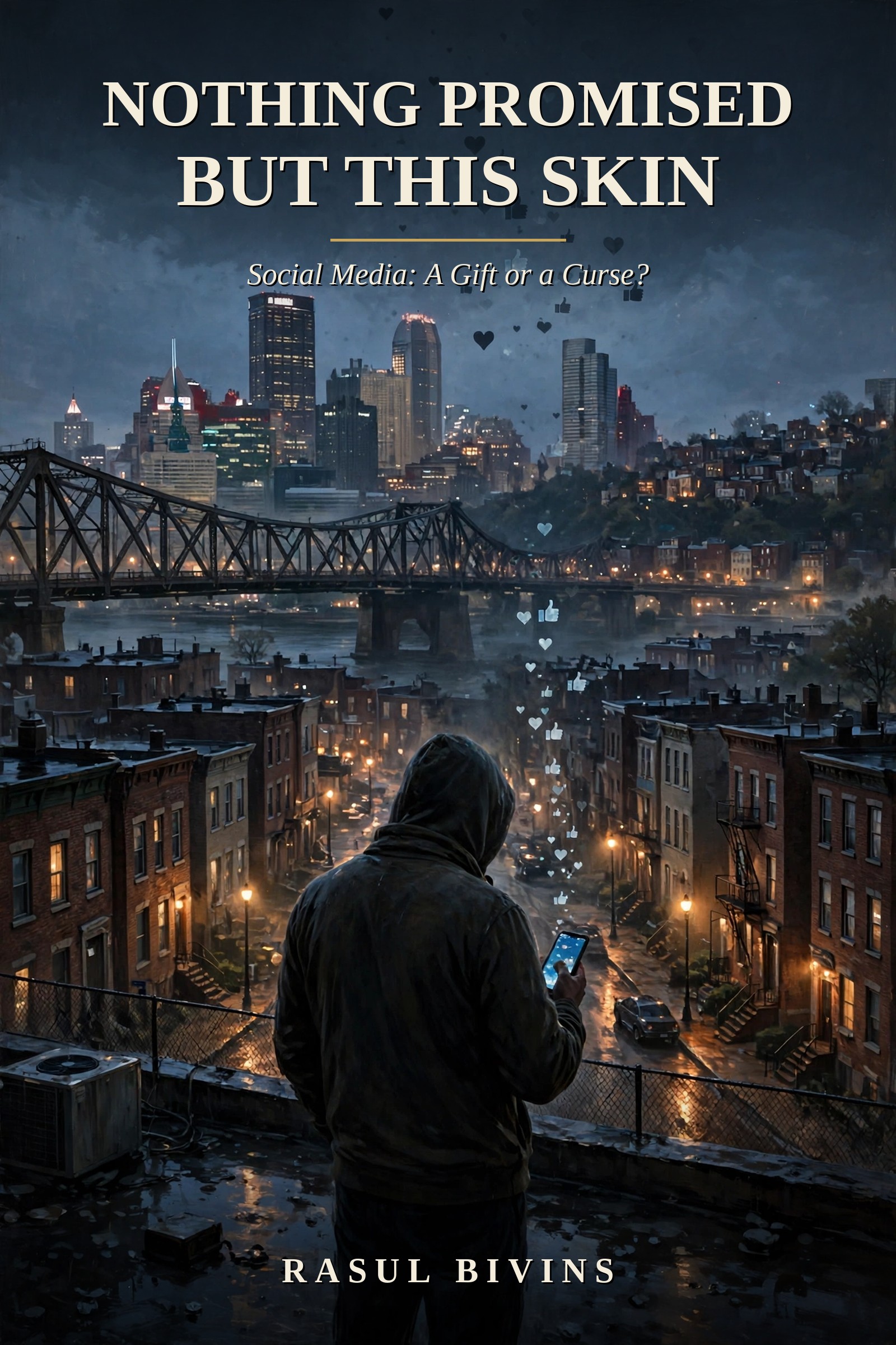 Cover of Nothing Promised But This Skin by Rasul Bivins — a man on a wet rooftop at night, phone in hand, likes and hearts rising over the Pittsburgh skyline