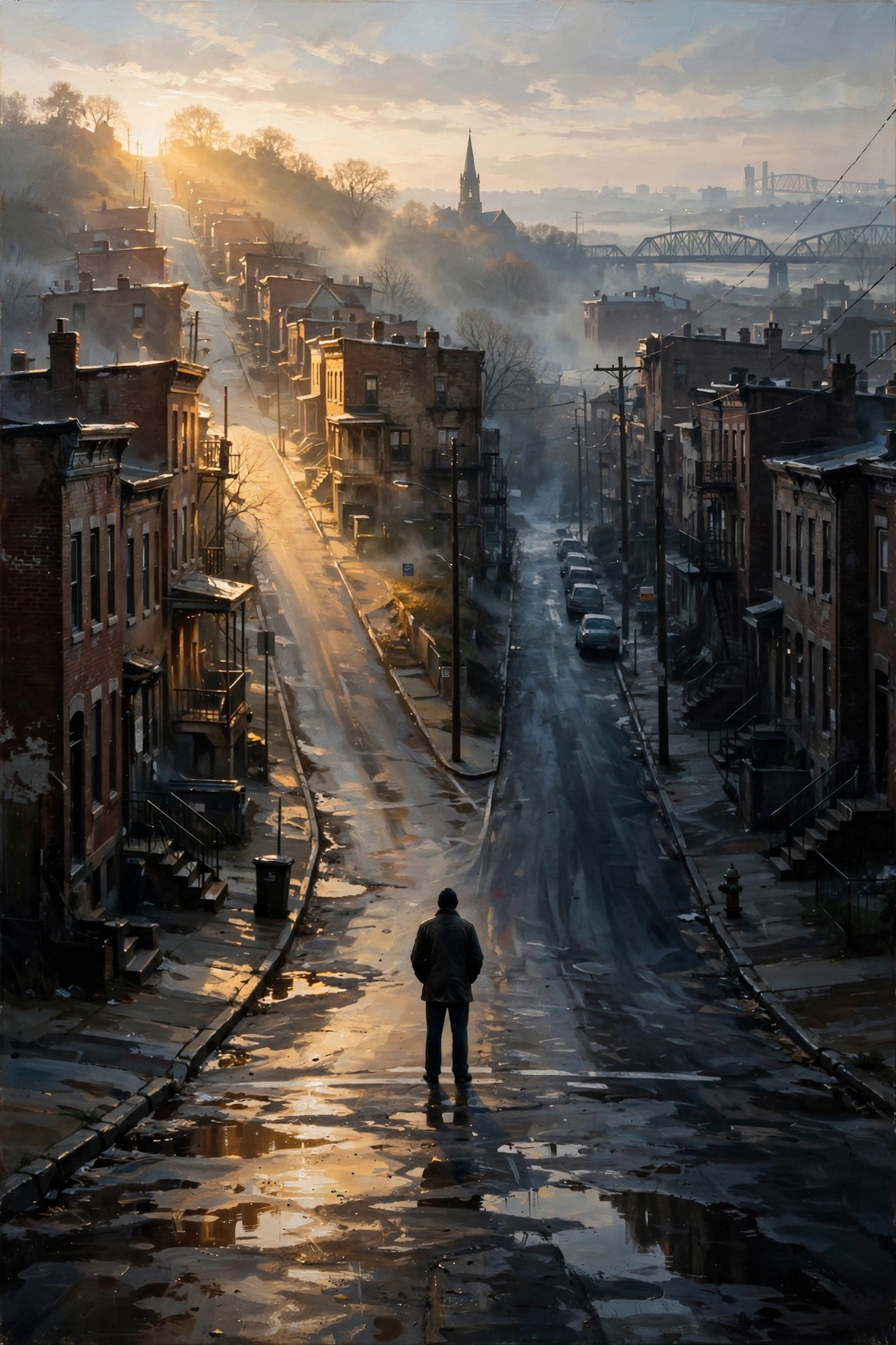 Painting of a man standing at a crossroads on a wet Pittsburgh street at dawn, row houses and a steel bridge in the distance